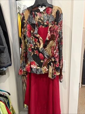 Allison Daley Black Floral Ruffle Blouse with Red dress under